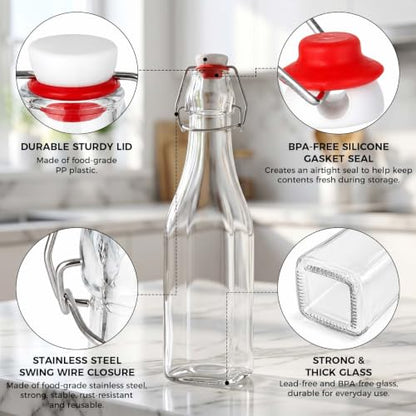 Ruckae Square Swing Top Glass Bottles with Lids Kombucha Coquito Flip Top Glass Bottle for Syrup Vanilla Extract Brew Beer Kefir Air Tight Bottles for Gift (12 oz 10 pack) - size: 12 oz 10 pack