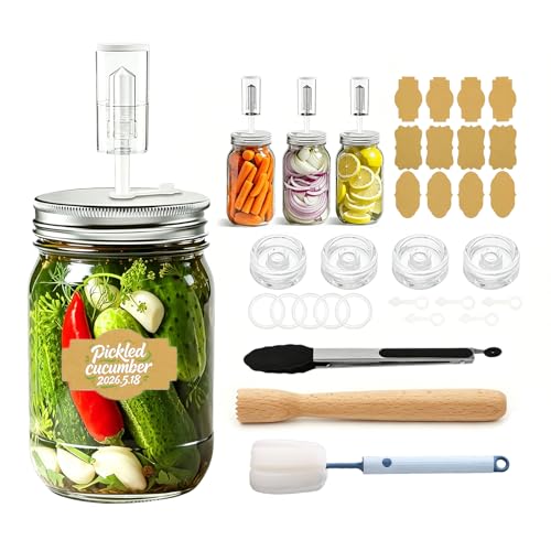 Fermentation Kit for Wide Mouth Mason Jars, 26-in-1 Complete Fermentation Starter Kit with 4 Stainless Steel Lids, 4 Glass Weights, 4 Airlocks, 24 Labels, Long Handle Brush, Silicone Tong & Pounder
