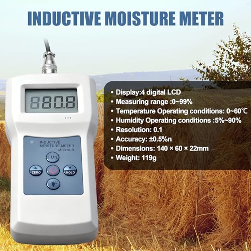 Inductive Moisture Meter High Precision Pinless Moisture Analyzer with 0~90% Measurement Range Non-Destructive Moisture Meter for Bee Pollen Wool Leather Wood Paper and More (Model MS310-S)