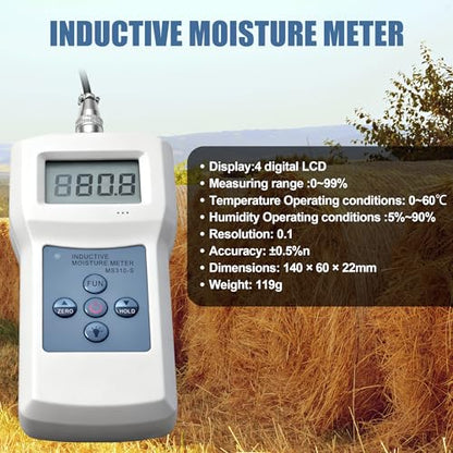 Inductive Moisture Meter High Precision Pinless Moisture Analyzer with 0~90% Measurement Range Non-Destructive Moisture Meter for Bee Pollen Wool Leather Wood Paper and More (Model MS310-S)