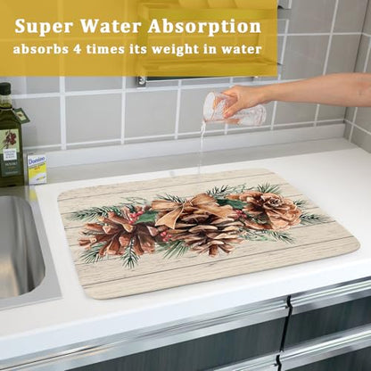 Winter Pine Cone Dish Drying Mat Holly Berries Dish Draining Mat Microfiber Washable Dish Drainer Rack Mat for Home Kitchen Counter 18"x24" - color: Winter Pine Cone, size: 18" x 18"