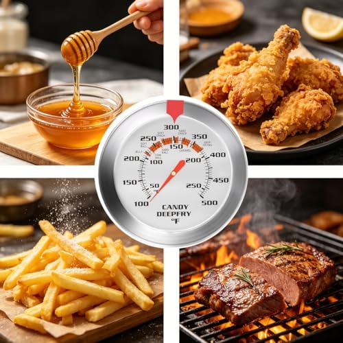 Candy & Deep Fry Thermometer, Stainless Steel Probe with 2" Large Dial & Pot Clip – Temperature Guide for Candy Making, Confectionery, Frying, BBQ, Chocolate, Jam
