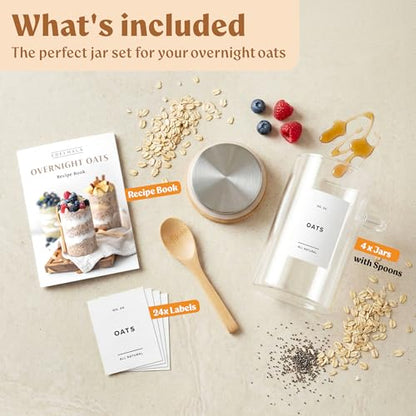 Overnight Oats Containers with Lids, Labels & Spoons (4 x 16oz) Glass Jars for Oatmeal, Meal Prep, Food Storage | Leak-Proof Mason Jars for Oats, Cereal, Yogurt, Chia Pudding [Thicker Glass 3mm] - color: Bamboo Lid