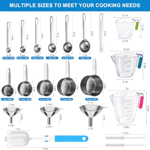 Measuring Cups and Spoons Set 21 Piece, 11 Stainless Steel Nesting Measuring Spoons and Cups with 3 Plastic Measuring Cup, 3 Funnel, 3 Brush, 1 Ruler, Measuring Cup Set for Kitchen Baking Liquid Dry - color: 21 Piece