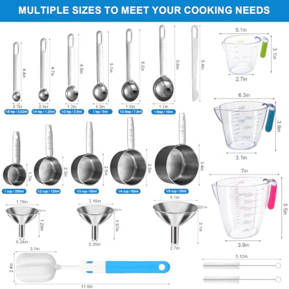 Measuring Cups and Spoons Set 21 Piece, 11 Stainless Steel Nesting Measuring Spoons and Cups with 3 Plastic Measuring Cup, 3 Funnel, 3 Brush, 1 Ruler, Measuring Cup Set for Kitchen Baking Liquid Dry - color: 21 Piece