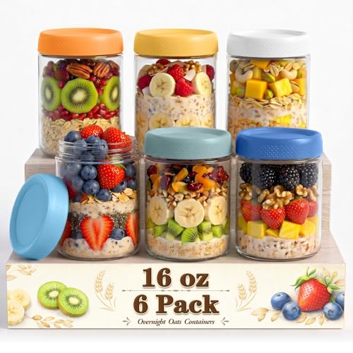 6 Pack Overnight Oats Containers with Lids, Mason Jars 16 oz with Lids, Reusable Glass Jars, Parfait Cups with Lid for Yogurt, Chia, Pudding, Snack, Food, Spice, Breakfast, Salad, Sugar - color: Fresh Morning