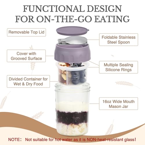 SOLIGT 2 Pack Overnight Oats Containers with Lids, Folding Spoons and Divided Compartments for Fruit & Nuts, Small Glass 16oz Mason Jars for Oatmeal Yogurt Parfait - color: 2 Set-Oat White/Wisteria Purple