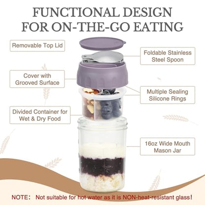 SOLIGT 2 Pack Overnight Oats Containers with Lids, Folding Spoons and Divided Compartments for Fruit & Nuts, Small Glass 16oz Mason Jars for Oatmeal Yogurt Parfait - color: 2 Set-Oat White/Wisteria Purple