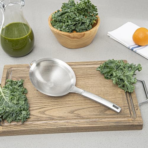 Restaurantware Fine Mesh Strainer - 1 Count - Met Lux 13.19" x 6.3" Stainless Steel Fine Mesh Sieve, Adjustable Tilt Strainer, Hanging Hole, Easy to Clean - Sieve For Flour and Juice - size: 13.25" x 6.25"