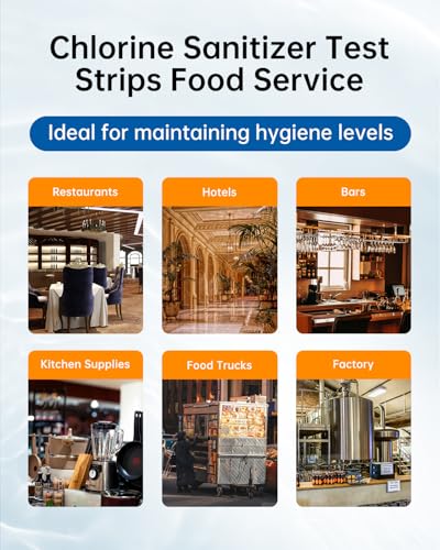 0-500 ppm Chlorine Test Strips for Restaurant Sanitizer Test Kit, 100 Strips per Vial, Bleach Test Strips, Testing Kit for Food Service, Bars, Hotels, Kitchen Supplies, Food Trucks, Daycare, Factory