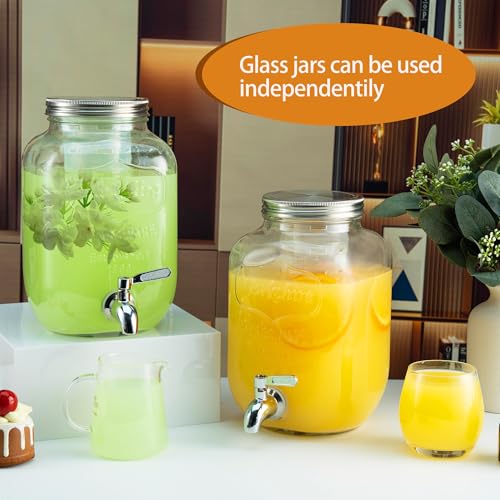 1 Gallon Glass Drink Dispensers for Parties, 2PACK Beverage Dispenser with Stand, Ice Cylinder and Stainless Steel Spigot 100% Leakproof, Beverage Dispenser for Lemonade Sun Tea - size: 1 Gallon Double with Stand