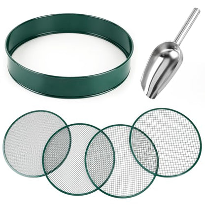 Soil Sifter for Gardening, 12" Green Soil Sifter Potting Sieve with Shovel and 4 Fine Screens for Sand Dirt, Sand, Rock, Filtration, Compost and Bonsai (5 IN1)