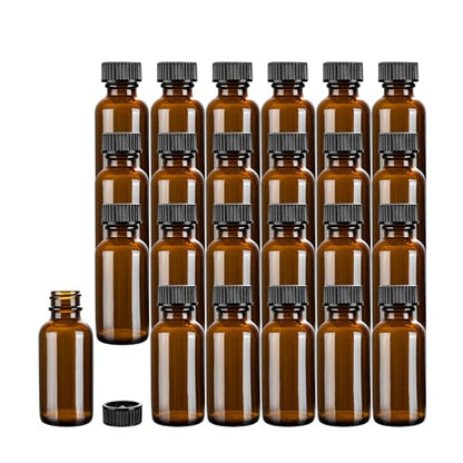 Restaurantware Vetri 1 Ounce Boston Glass Bottles, 48 Sample Bottles With Black Phenolic Caps - Dishwashable, Round, Amber Glass Bottle, For Potion, Juice, Ginger Shots, Whiskey, Liquids - color: Amber, size: 1 oz