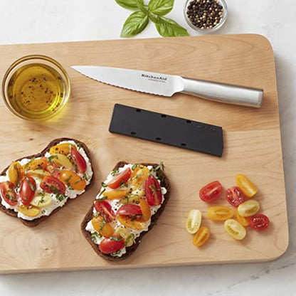 KitchenAid Gourmet Forged Stainless Steel Serrated Utility Knife with Custom-Fit Blade Cover, 5.5-inch, Sharp Kitchen Knife, Brushed Stainless Steel Handle - style: 5.5-Inch Serrated Utility Knife