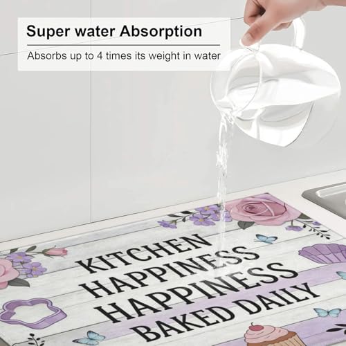 Kitchen Drying Mat for Countertop Kitchen Happiness Baking Quote Design Non-Slip Kitchen Counter Mat for Dishes Glassware - color: White Purple