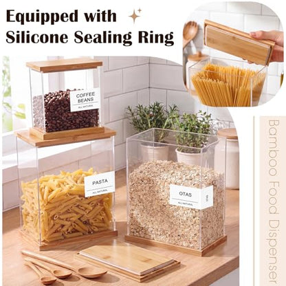 6 Pack Acrylic Pantry Storage Containers with Bamboo Lid Airtight Food Cereal Containers Storage 100oz, 54oz, 27oz with 144 Pantry Labels and Spoon for Flour Sugar, Cereal, Spice - size: 100oz,54oz,27oz