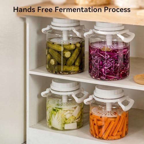 1.3 Gallon Plastic Fermentation Jars - Kimchi Fermenting Container with Auto Weight Press Plate & One Way Exhaust Valve, Wide Mouth Sauerkraut Fermenter Making Set for Pickling Canning Sauce