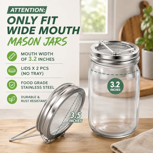 2PCS Sprouting Lids for Wide Mouth Mason Jars,Sprouting Jar Kit | Stainless Steel Strainer Tops with Built-In Stand for Seed Germination
