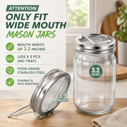 2PCS Sprouting Lids for Wide Mouth Mason Jars,Sprouting Jar Kit | Stainless Steel Strainer Tops with Built-In Stand for Seed Germination