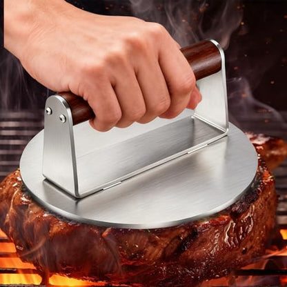 Heavy Duty 1.5 lb Stainless Steel Burger Press – 6 Inch Smash Burger Press for Hamburger, Bacon, Steak & Meat, Smooth Polished Base Grill Press with Wooden Handle for Flat Top Grill & BBQ - color: 6 inches-silver