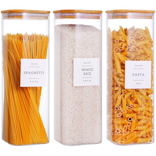 CZZGSM 3 Pack Square Kitchen Storage Jars with Airtight Bamboo Lids and 132 Pantry Labels - 80oz Glass Canisters with Wood Lids - Food Storage Containers for Spaghetti, Pasta, Fettuccine - color: 80OZ-3Pack
