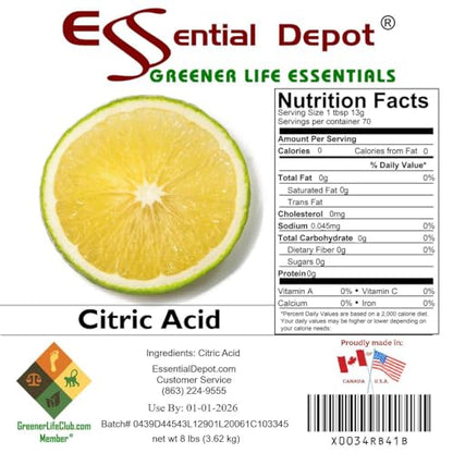 Essential Depot Citric Acid - 8 lbs - Anhydrous - Food Grade - Safety Sealed Wide Mouthed PP Container with Resealable Cap and Reattachable Handle