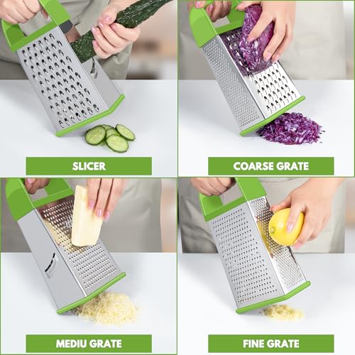 Urbanstrive Cheese Grater With Container, Professional Cheese Grater with Handle, Stainless Steel Graters for Kitchen Handheld, Box Grater with 4 Sides for Vegetables, Ginger, Potatoes (Green) - color: Green
