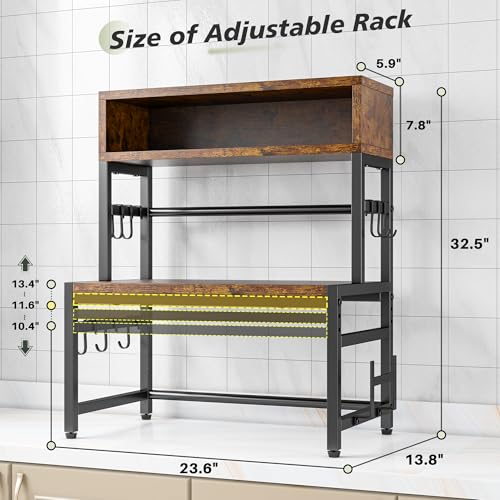 EnHomee 4-Tier Microwave Stand for Kitchen Storage, Brown | 205 lb Capacity, Adjustable Kitchen Shelves with 9 Hooks & Cutting Board Rack - color: Brown