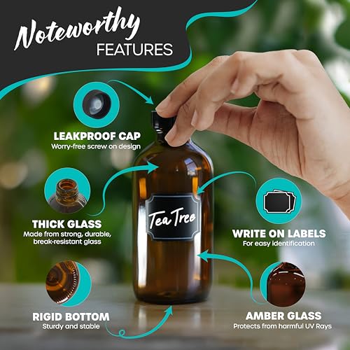 Nevlers Amber Glass Bottle 12 Pack | 8 Oz Vanilla Extract Bottles Bundle | 8oz Amber Glass Jars with Lids , Shrink Wrap, Labels, Funnel & More | Use for Ginger Shots & Vanilla Bottles for Gift Giving - color: Amber