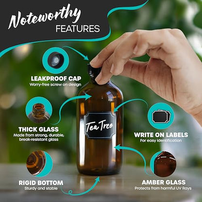 Nevlers Amber Glass Bottle 12 Pack | 8 Oz Vanilla Extract Bottles Bundle | 8oz Amber Glass Jars with Lids , Shrink Wrap, Labels, Funnel & More | Use for Ginger Shots & Vanilla Bottles for Gift Giving - color: Amber