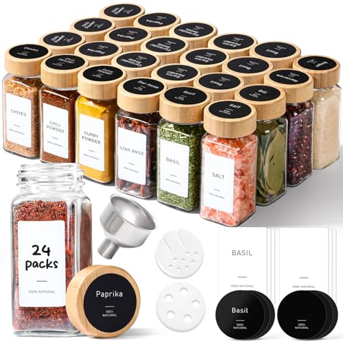 ComSaf Glass Spice Jars with with Labels 4 oz 24 Pack Bamboo Lids Bulk Set | Empty Containers, Seasoning Herb Powder, Salt Pepper Chili, Spice Rack Organization, Kitchen Cabinet Storage, Funnel Included - color: Bamboo Lids
