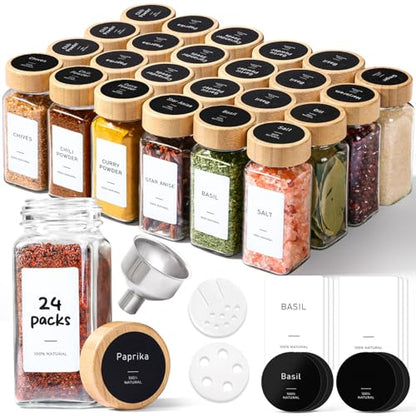ComSaf Glass Spice Jars with with Labels 4 oz 24 Pack Bamboo Lids Bulk Set | Empty Containers, Seasoning Herb Powder, Salt Pepper Chili, Spice Rack Organization, Kitchen Cabinet Storage, Funnel Included - color: Bamboo Lids