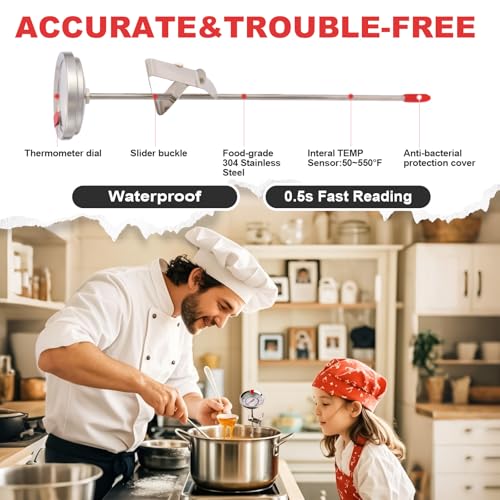 Candy Thermometer Waterproof IP67 - Oil Thermometer for Frying with Clips - 9" Side of Pot Thermometer Deep Fry for Oil Candy Candle BBQ (Silver 2 PCS, 9 inches) - color: Silver 2 PCS