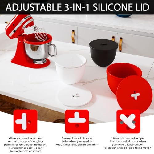 Silicone Bowl Liners for KitchenAid 5 Qt Tilt-Head Stand Mixer, Extra-Thick Food Grade Silicone Cold/Heat-Resistant & Non-Stick, Easy Clean, Fits 5 Quart Mixing Bowl, Set of Three with Lids, (3PCS) - color: Black+White+Red