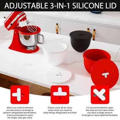 Silicone Bowl Liners for KitchenAid 5 Qt Tilt-Head Stand Mixer, Extra-Thick Food Grade Silicone Cold/Heat-Resistant & Non-Stick, Easy Clean, Fits 5 Quart Mixing Bowl, Set of Three with Lids, (3PCS) - color: Black+White+Red