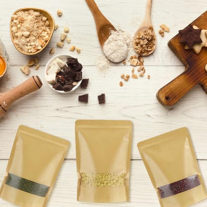 Geosar 800 Pcs Stand up Kraft Pouches with Window 7 x 10 Inch Kraft Paper Sealable Pouches with Notch Heat Sealable Resealable Bags for Small Business, Zipper Food Storage for Packaging, Snacks - size: 7 x 10 Inch
