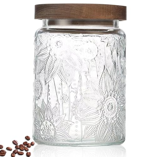 Vintage Glass Jar with Lid, Airtight Candy Coffee Canister Food Storage | 24oz Decorative Container Set with Silicone-Sealed Bamboo Lid, Thick Glass BPA-Free, for Kitchen Stores Sugar Flour Oats Tea - color: (24oz)Sunflower