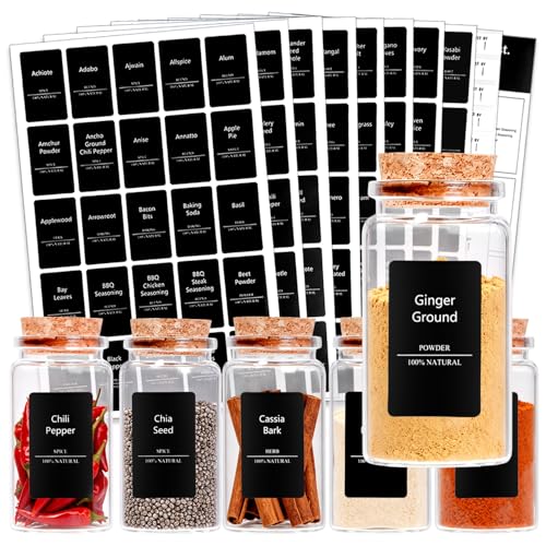Spice Jar Labels - 275pcs Black Preprinted Waterproof Stickers for Pantry Organization for Kitchen Jars Caps Food Containers Spice Organizers