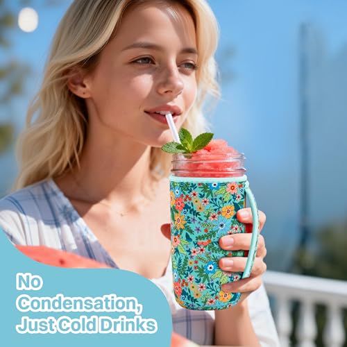 KJQJLY 4 Pcs Mason Jars Sleeves Neoprene 24oz Regular and Wide Mouth Mason Jar Sleeves Holder with Handle (Flowers, 24 OZ) - color: Flowers, size: 24 OZ