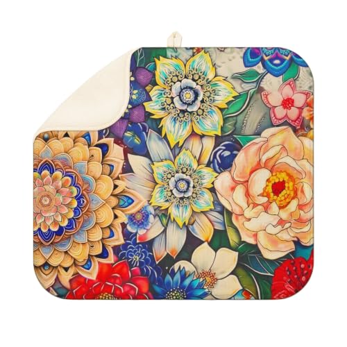 Boho Floral Dish Drying Mat for Kitchen Super Fast Absorbent Dishes Drainer Mat Large Dishes Drying Pad for Dishes, Pots and Pans, Utensils, Kitchen Countertop Decor 16x18 in - color: Boho Floral1, size: 16" x 16"
