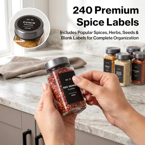 EDELHAUS Glass Spice Jars with Label, 24x Space Gray Stainless Steel Lids | Airtight lids keep spices fresh; use as a spice organizer, seasoning containers or 4 oz jar set; funnel, brush & 240 labels - color: Space Gray Stainless Steel Lid