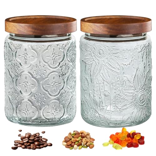 2-Pack 24 OZ Vintage Glass Jar with Lid, Airtight Food Storage Canisters with Bamboo for Kitchen Counter Pantry, Ideal for Coffee, Candy, Tea, Oats, Sugar, Cookies Decorative Jars - color: 24oz-Sunflower+Begonia