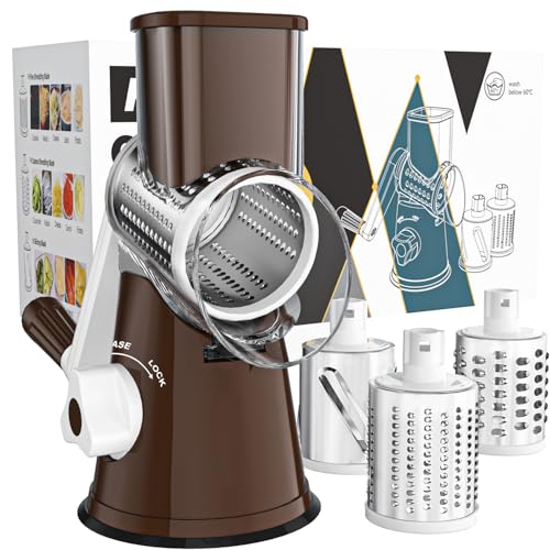 Cambom Rotary Cheese Grater Hand Crank Cheese Shredder for Fresh Cheese, Vegetable, Nuts,Non-slip Suction Base, Three Blades, Coffe Color - color: Brown, size: 3 BLADES