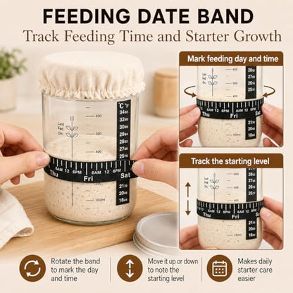 Sourdough Starter Kit for Beginners, 34oz Wide Mouth Sourdough Starter Jar with Guide & Recipes, Fridge Magnet Clip, Thermometer, Feeding Band, Spatula, Cloth & Aluminum Lid, Bread Baking Supplies