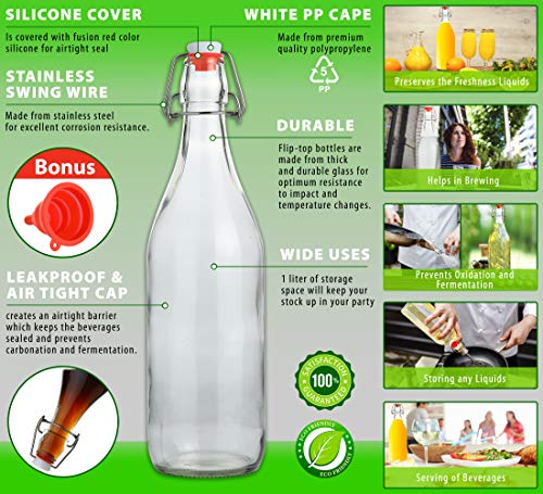 AYL Flip Top Glass Bottle [1 Liter / 33 fl. oz.] [Pack of 4] – Swing Brewing Bottle with Stopper for Beverages, Oil, Vinegar, Kombucha, Water, Soda, Kefir – Airtight Lid & Leak Proof Cap – Clear - size: 33