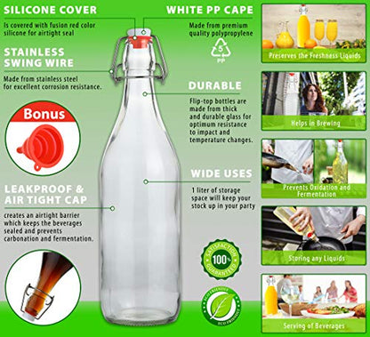 AYL Flip Top Glass Bottle [1 Liter / 33 fl. oz.] [Pack of 4] – Swing Brewing Bottle with Stopper for Beverages, Oil, Vinegar, Kombucha, Water, Soda, Kefir – Airtight Lid & Leak Proof Cap – Clear - size: 33