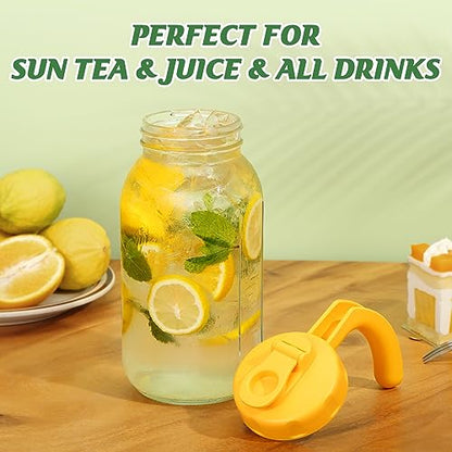 Soligt Glass Mason Jar Pitcher with Lid, Wide Mouth Flip Cap Pour Spout Leak-proof Lid with Handle, 64 oz (2 Quart /1.9 Liter), for Sun Tea/Iced Tea/Juice/Cold Brew Coffee/Milk (1 Pack, Vivid Yellow) - color: Vivid Yellow