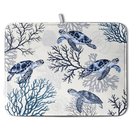 Summer Nautical Coastal Dish Drying Mat for Kitchen Counter Ocean Coral Sea Turtle Drying Rack Mats Beach Blue Dishes Drainer Mat Absorbent Microfiber Large Dish Draining Pad 18x24 Inch - color: Coastal Turtle, size: 18" x 24"