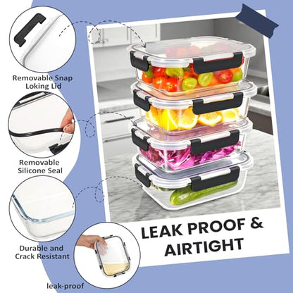 HOTEC 35OZ Glass Food Storage Container, Airtight Glass Lunch Fruit Containers with Lids - Microwave, Oven, Freezer and Dishwasher Safe, 4-PACK - size: 4Pack 35OZ