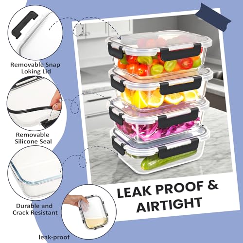 HOTEC 35OZ Glass Food Storage Container, Airtight Glass Lunch Fruit Containers with Lids - Microwave, Oven, Freezer and Dishwasher Safe, 2-PACK - size: 2Pack 35OZ